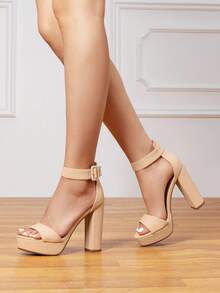 New Arrival Women Platform Chunky Heeled Sandals, Fashion Buckle Decor Ankle Strap Open Toe Ultra High Heel Sandals Elegant Banquet Party Heels - 杏色 - 查看 2