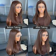 Kanekalon Futura Hair Chocolate Brown 13x4 Synthetic Lace Front Wigs For Women 18 Inch Medium Long Wavy Curtain Bangs Glueless Kanekalon Hair Resistant Synthetic Hair Wigs Middle Part 150% Density Natural Hairline Glueless Wigs For Fashion Women Girls Party Vacation Show Makeup Use Daily Wear - Chocolate Brown - View 9