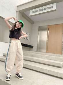 Tween Girls Striped Side Pockets Sports Sweatpants