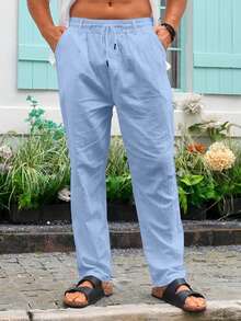 TRFIC Mens Casual Linen Pants Loose Fit Elastic Drawstring Waist Straight-Legs Summer Yoga Beach Long Pants - 藍色 - 查看 1