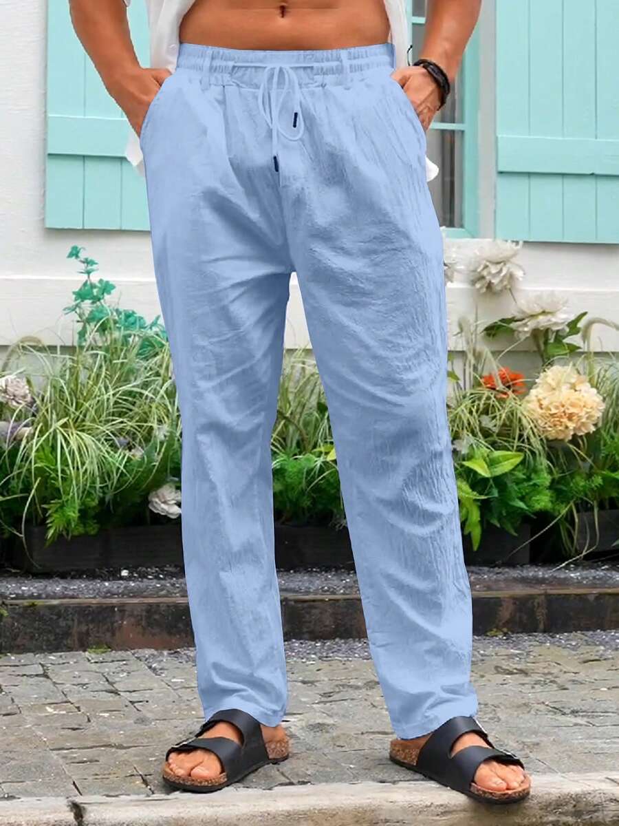 TRFIC Mens Casual Linen Pants Loose Fit Elastic Drawstring Waist Straight-Legs Summer Yoga Beach Long Pants - 藍色 - 查看 1