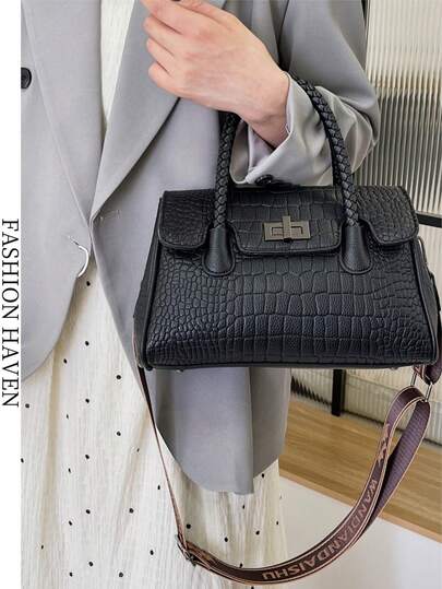 仿皮鳄鱼纹女士手提包，百搭复古风格单肩包/斜挎包