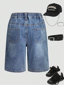 Quần short denim bạc màu dáng thường ngày cho bé trai tuổi teen, mùa hè. - Rửa trung bình - Xem 5