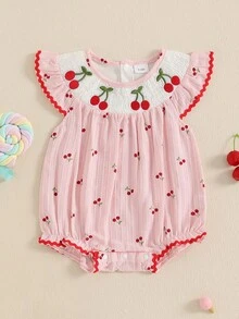 Baby Girls Rompers Cherry Embroidery Round Neck Fly Sleeve Infant Fashion Bodysuits Jumpsuits - Pink - View 4