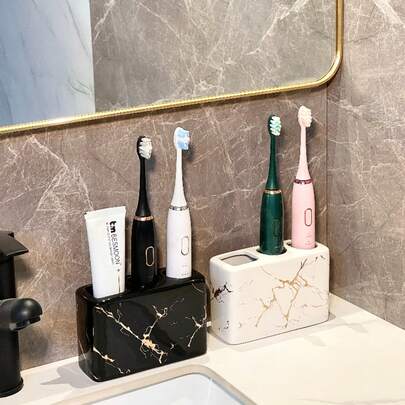 1 Piece Ceramic Gold Marble Toothbrush Holder 3-Hole Freestanding Storage Rack For Bathroom Countertops, Multi-Function Toothbrush And Toothpaste Storage Rack, Durable And Elegant Home Decor Accessory, Stylish Bathroom Supplies