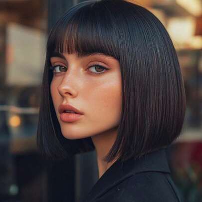 戴上即走真人发鲍勃假发，带刘海直发雷米头发自然黑色假发，适合女士日常使用无胶无蕾丝假发