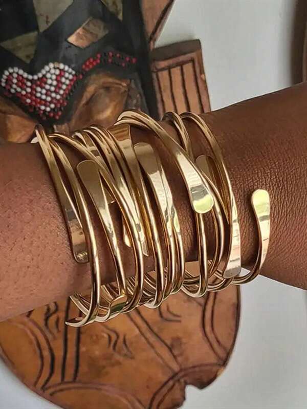 1 pieza/5 piezas/10 piezas Brazaletes apilables ajustables de estilo retro bohemio, brazaletes de puño dorados para mujeres y hombres como regalo de joyería para uso diario, fiesta y vacaciones