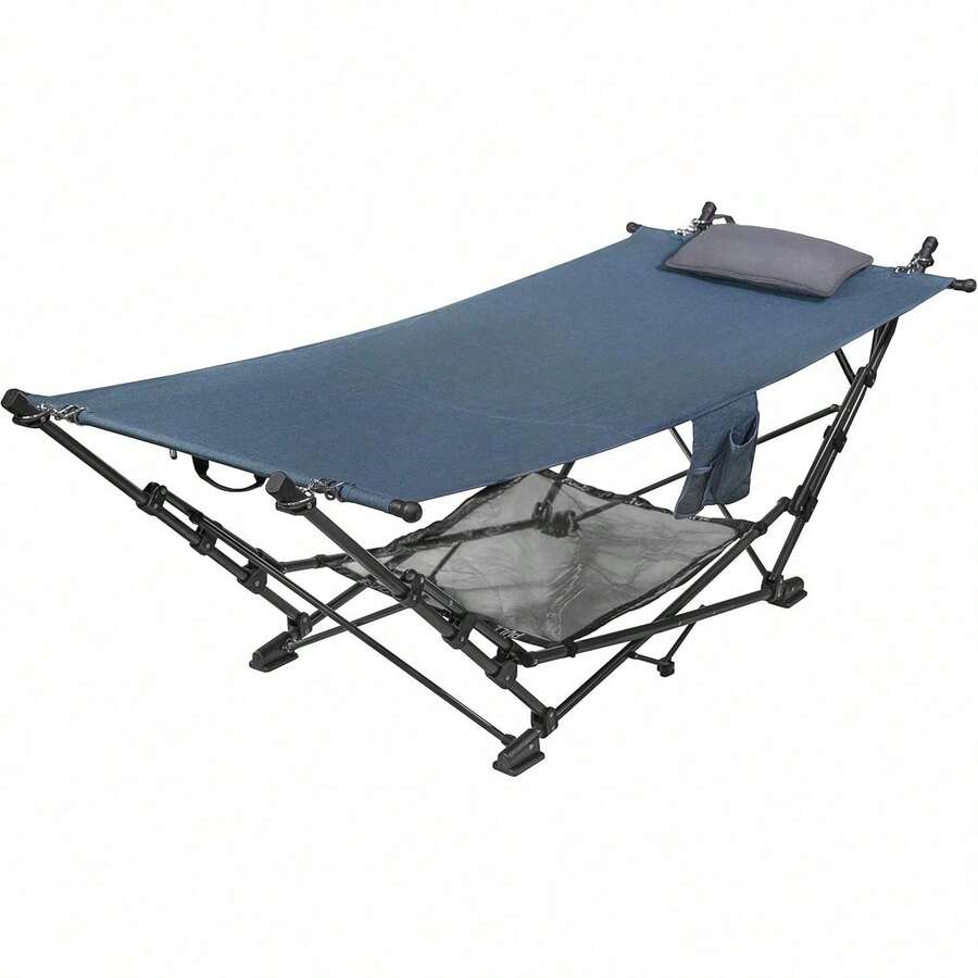 Outdoor Patio Folding Collapsible Hammock With Sturdy Frame And Pillow, Perfect For Camping, Outdoor Recreation And As Patio Furniture, Blue (Pack Of 1) - 1 - View 1