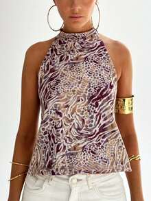 Women Y2K Halter Mock Neck Tops Dot/Floral/Tie-Dye Graphic Sleeveless Backless Crop Tank Tops Sexy Open Back Off The Shoulder Vests Shirts Summer Going Out Tops Club Party Streetwear - 摩卡棕 - 查看 1