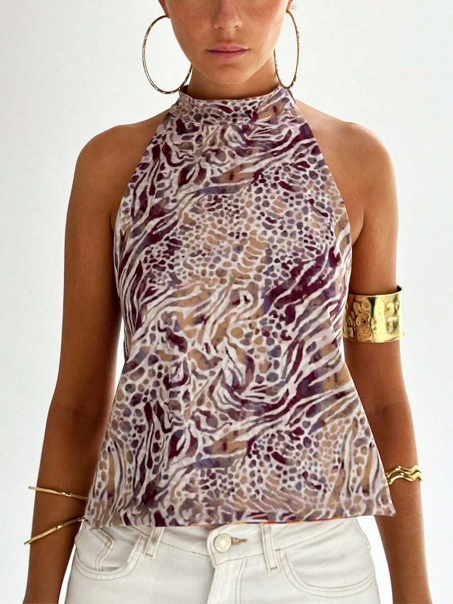 Women Y2K Halter Mock Neck Tops Dot/Floral/Tie-Dye Graphic Sleeveless Backless Crop Tank Tops Sexy Open Back Off The Shoulder Vests Shirts Summer Going Out Tops Club Party Streetwear - 摩卡棕 - 查看 1