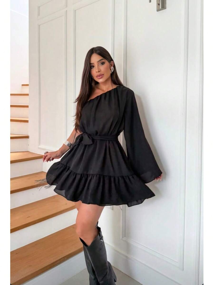 Camily DressSexyCasualCuteBohoPartyElegantChiffonRuffleNightWeddingPartyBirthday PartyBaby Shower PartyBachelorette PartyStage & Concert - 黑色 - 查看 1