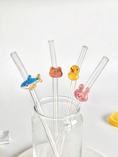 1/4 件可重复使用玻璃吸管，带鲨鱼、兔子、鸭子和熊形状，带清洁刷，适用于奶茶、果汁、冷饮、苏打水、甜品店、小吃店、派对饮品、户外野餐、海滩派对、复活节、返校和毕业季