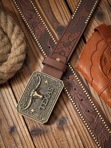 1pc Western Style Bull Head Buckle PU Embossed Belt With Rivet Design, Vintage & Personalized (Hole Puncher Included) Halloween, Casual, Business, Street,   Boho, Western, Outdoor, Gift For Men, Husband, Boyfriend, Father, Dad, Christmas - As Shown - View 18