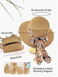Women's Bohemian Floral Print Straw Hat, Bow Decor Straw Crossbody Bag Set, Fashion Beach Hat, Beach Bag, Phone Pouch, Sun Hat, Foldable Bucket Hat, Suitable For Outdoor Cycling, Travel, Beach Vacation, Daily Wear - Multicolor - View 7