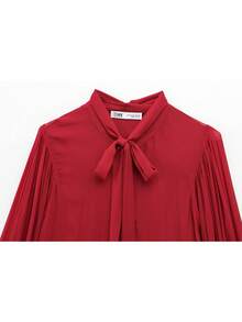 Damen Schleife am Kragen Langarm transparente Chiffon Bluse elegant für Büro und Business einzelne Knopfleiste Hemd Oberteil Frühlingsoutfit - Rot - Übersicht 8