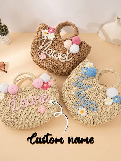 3pcs Customized Personalized Woven Letter Bridesmaid Handbag, Handmade Woven Letter Flower Hand Fan, Handmade Beach Hat, Customized Name Hat + Bag + Fan Set, Customized Fan, Customized Ladies Straw Hat Bridesmaid Beach Bag, Bachelorette Party Gift Bag, Customized Gift Basket, Bridesmaid Gift Basket, Beach Resort Woven Tote Shoulder Bag, Multifunctional, Versatile, Large Capacity, Lightweight, Practical, Multiuse, Colorful, Cute, Minimalist