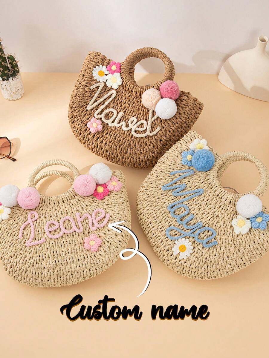 Original DIY Personalized Straw Letter Bridesmaid Handbags, Bridesmaid Beach Bags, Bachelorette Party Gift Bags, Custom Handheld Gift Baskets, Bridesmaid Gift Baskets, Seaside Holiday Straw Hand-Held Shoulder Straw Bag - Multicolor - View 1