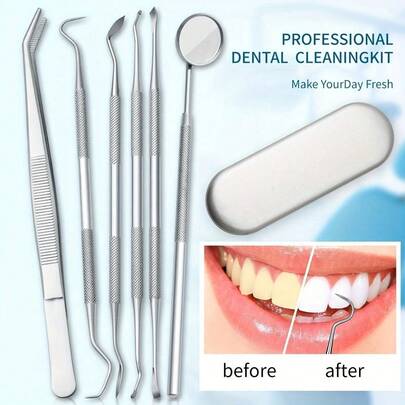 1/3/4/5/6 peças/conjunto conjunto de presente requintado ferramentas de limpeza de dentista de aço inoxidável espelho odontológico sonda dupla limpador de dente em foice produtos de ferramentas odontológicas kit de cuidados orais, cuidados com a pele, decoração de quarto, decoração de casa, decoração de quarto, banheiro, presente de Natal