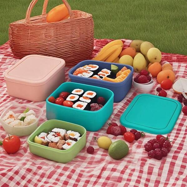 1pc Large Capacity Solid Color Silicone Lunch Box Food Fruit Vegetable Sealed Storage Container