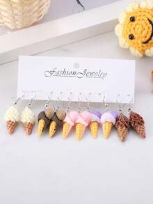 5 Paar süße 3D simulierte Bubble Tea, Kuchen, Eis Ohrhänger Set, Makrone farbiger realistischer Harz Süßigkeiten Snack Ohrringe für Frauen, Frühling/Sommer Accessoire, Party Gastgeschenk - Verschiedenfarbig - Übersicht 5