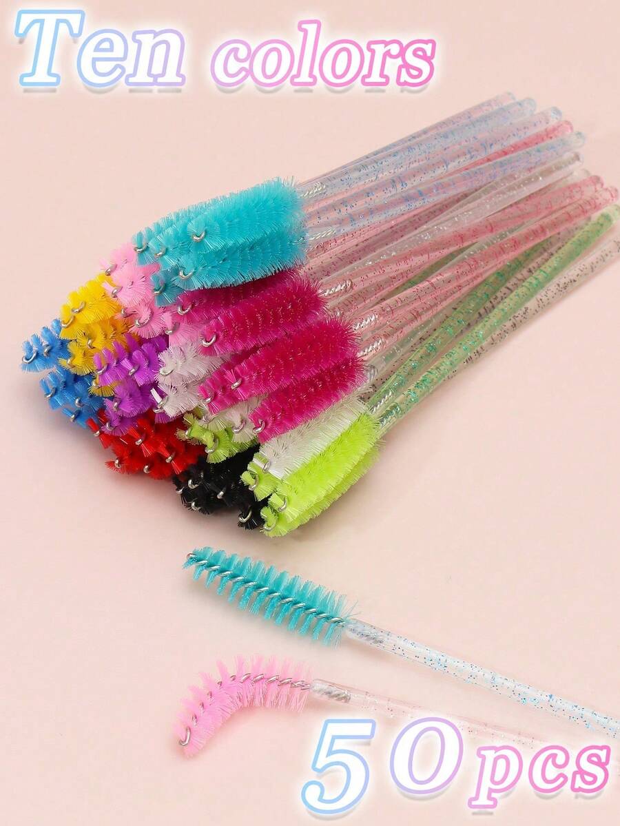 50支睫毛膏刷、10色眼影刷、一次性迷你眼影棒、唇部化妆刷套装、纤长眼影刷、黑色和多色精准眼影化妆工具、卷翘眼影刷、舒适耐用睫毛膏刷 - 彩色 - 查看 1