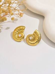 1 Pair Stainless Steel Seashell Earrings Inlaid With White Plastic Beads, Suitable For Women's Daily Outfit, Beach Holiday Wear, Or Festival Gifts