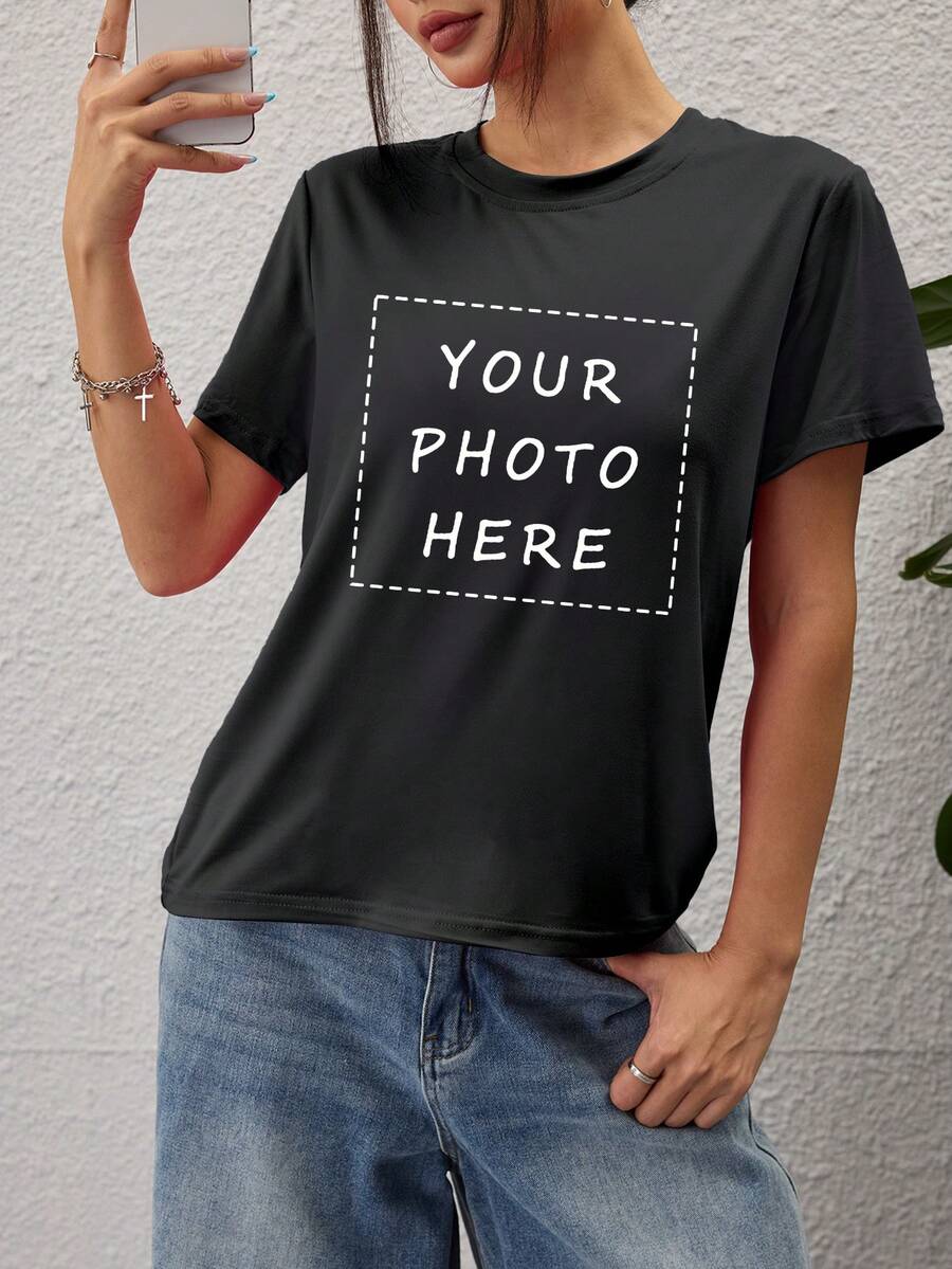 Customized Women's Short-Sleeved T-Shirt, (Fruits/Photos/Friends' Photos/Selfies/Favorite Patterns/Pets, Selfies, Couple Commemorative Photos, Family Photos, Portraits, Flowers, Famous Quotes, Funny Sentences) - Black - View 1