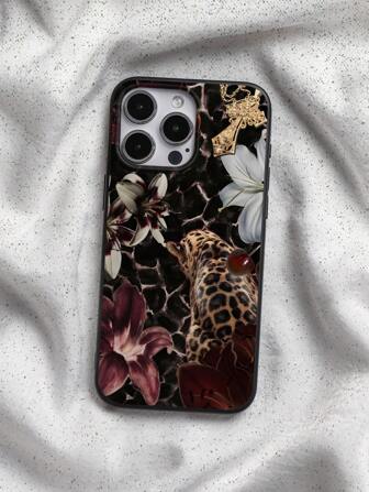 1个IMD材质透明黑色手机壳，带摄像头和豹纹百合图案，兼容 13、14 Pro Max、11