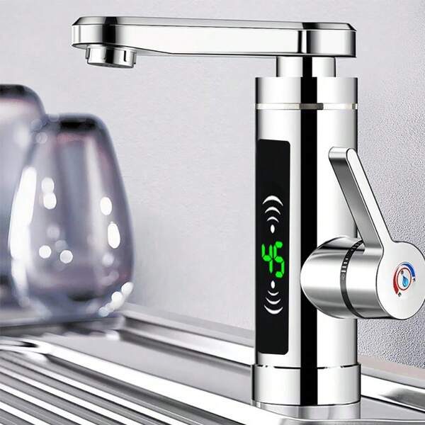 Heizungshahn, 3000W elektrischer Wasserhahn mit LED-Anzeige, sofortiges heißes Wasser 25-55℃, heißes und kaltes Dual-Use, 360° Rotation, IPX4 wasserdicht, für Küche/Bad Waschbecken Installation, Silber