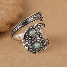 1pc Vintage Carving Open Ring With Geometric Turquoise Design, Creative Women's Jewelry For Daily Gatherings