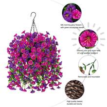 Artificial Hanging Flower Basket For Outdoor, Silk Moring Glory Flowers And Eucalyptus Leaves With Green Vines, UV-Resistant, Suitable For Wall, Home, Porch, Patio - Multicolor - View 3
