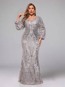 加大码修身灯笼袖随机亮片装饰礼服，优雅长袖舞会晚礼服，适合婚礼宾客、毕业典礼、晚宴派对礼服 - 灰色 - 查看 3
