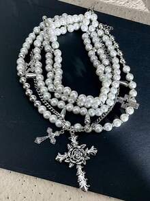 1 套多层人造珍珠串珠项链，独特特殊设计颈链，男女时尚毛衣链