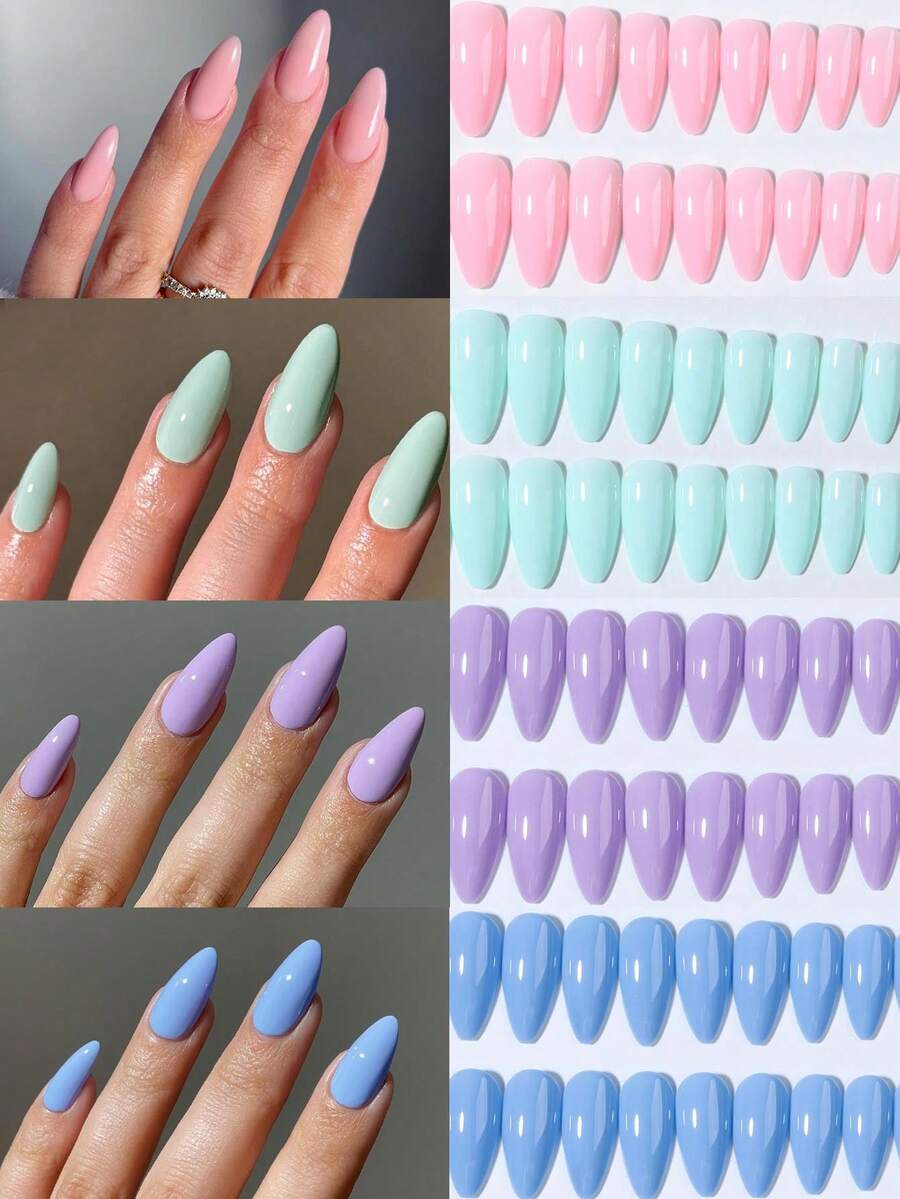 96片（4种混合款式）杏仁形亮面亚克力按压式美甲贴片，完美贴合长指甲，套装包含：1瓶果冻胶和1把指甲锉，适合夏季、日常美甲、派对美甲配件及用品