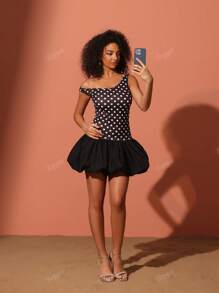 1 Peça Vestido Casual de Tecido Tricotado com Babado na Barra Assimétrico/Assimétrico com Estampa de Poá, Adequado para Praia, Noite, Encontros, Streetwear, todas as estações