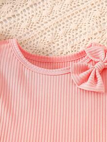 2pcs Baby Girls Casual Bow Ribbed Top And Sunflower Shorts Set