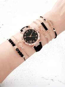 多件套时尚女士数字刻度石英表，带叶纹不锈钢表盘和皮革表带，女士手表，带不锈钢手链、颈链、耳环、戒指套装，适合日常佩戴，节日礼物 - 黑色 - 查看 10