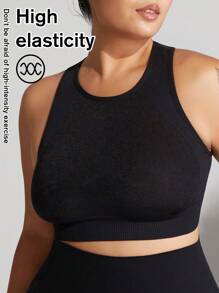 1pc Plus Size Women Seamless Supportive Sports Bra, Black Wireless Bra Padded, Suitable For Yoga, Fitness, Running, Gym