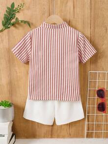 2pcs/Set Boys Striped Stand Collar Short Sleeve Shirt And Shorts Set - Red and White - View 2