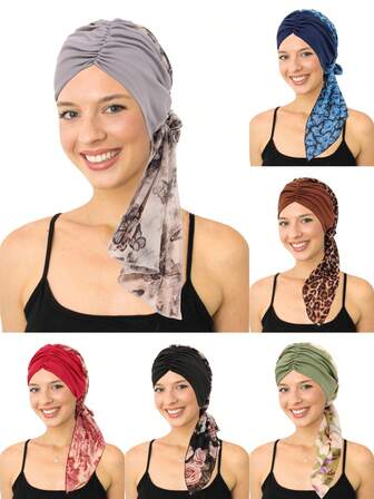 1 件新款设计花卉褶皱前女式头巾帽，时尚雪纺长尾头巾