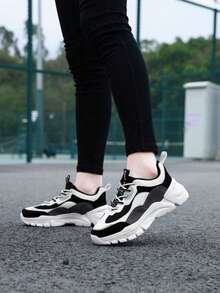 女士户外简约休闲撞色系带厚底运动鞋，运动粗跟休闲运动鞋，多色