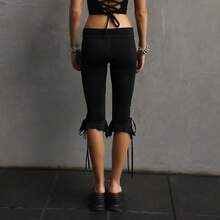 Women Skinny Capri Leggings Bow Tie Up Knee Length Capris Pants Y2k Stretchy Slim Fit Cropped Bloomer Trousers - 黑色 - 查看 5