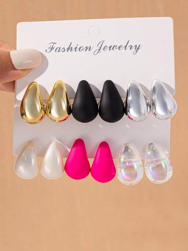 Set de 6 a 12 pares de aretes con gota de agua de colores llamativos y forma de lágrima, adecuados para fiestas, vacaciones y uso diario