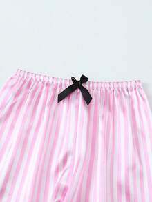 3 件套缎面纯色条纹单排扣领短袖上衣和短裤，女士春夏睡衣家居服套装，适合居家 - 粉色 - 查看 5