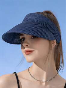 1pc Women's Straw Sun Hat, Foldable Ponytail Beach Hat, Suitable For Ladies Travel In Summer - A - View 4