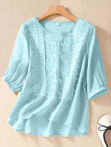Blusa holgada estilo vintage con bordado para mujer, de mangas medias, para primavera/verano - Celeste - Ver 6
