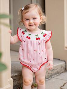Baby Girls Rompers Cherry Embroidery Round Neck Fly Sleeve Infant Fashion Bodysuits Jumpsuits - Pink - View 6