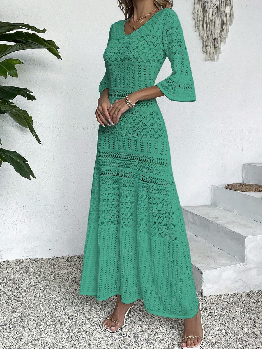 优雅女士时尚休闲V领长袖针织连衣裙，纯白色夏季海滩度假风，简约复古硬币设计，修身镂空剪裁，随机印花图案，适合返校季、秋冬季女装，圣诞节、感恩节和新年长款派对礼服 - 湖藍 - 查看 1