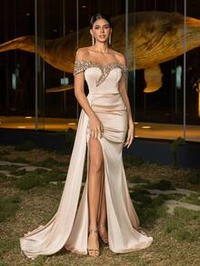 Elisanya 优雅露肩高开衩鱼尾晚礼服，全身亮片装饰，适合女士正式宴会礼服，非常适合婚礼仪式、红毯活动、新娘肖像和豪华摄影 - 香檳色 - 查看 3