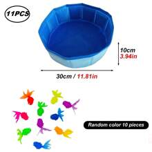 Ensemble de 11 pièces Piscine interactive portative pliable pour animaux de compagnie avec jouets de poisson, jouets de poisson de couleur aléatoire convenant aux chats et aux chiens toute l'année